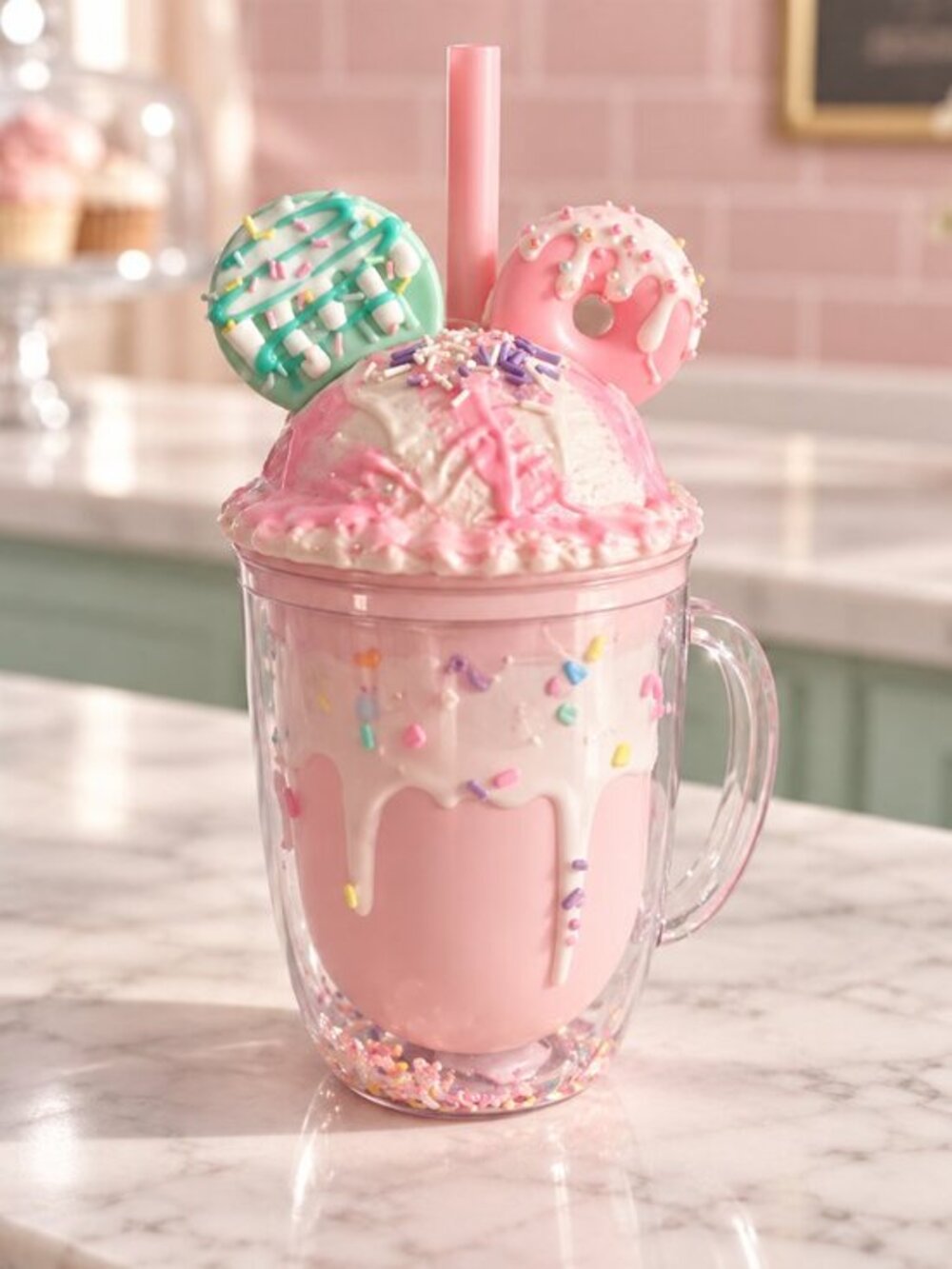 Pink Milkshake Tumbler 3D Whipped Cream Donut Lid Handle Straw NWT